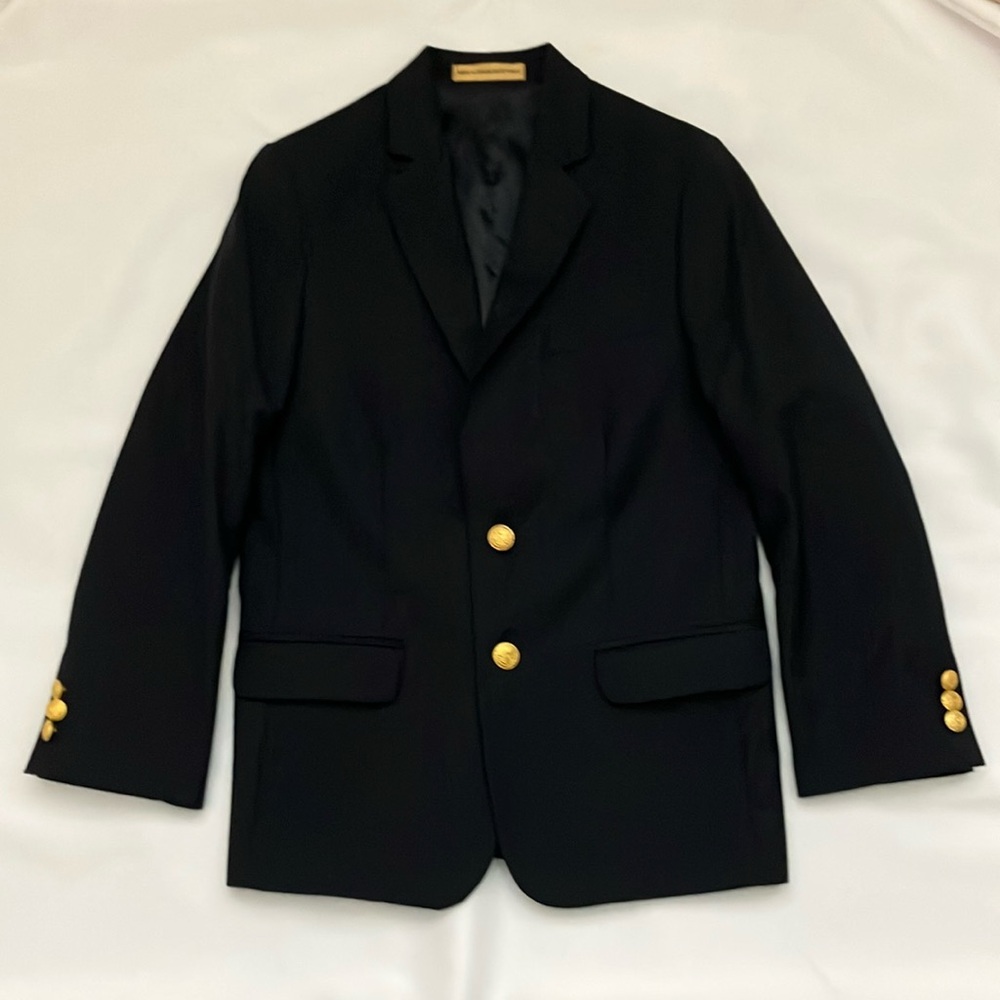 Youth dark navy blue jacket with gold buttons.